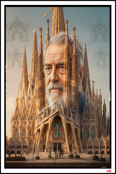 Retrato artístico de Antoni Gaudí superpuesto a las torres y la fachada de la basílica de la Sagrada Familia en Barcelona.